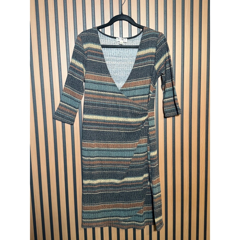 Soho Apparel Ltd Striped Faux Wrap Dress Womens Large Ribbed Knit Ruched Midi L